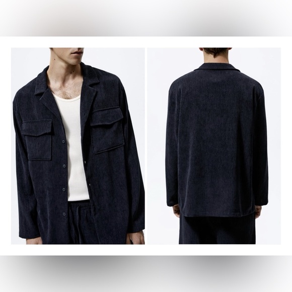 ZARA Man Large Navy Blue Relaxed Fit Corduroy Suit Button Down Shirt Shacket - Picture 1 of 16